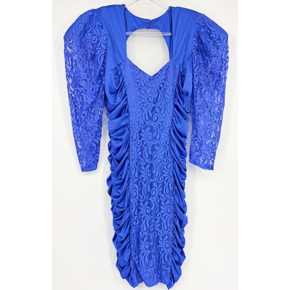 Vintage Mayvens of California Bodycon Lace Ruched Dress Size 13 Puff Sleeves